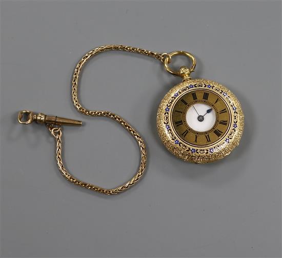 An 18ct gold engraved and enamelled ladies half hunter pocket watch on gold chain (tests as 14ct)